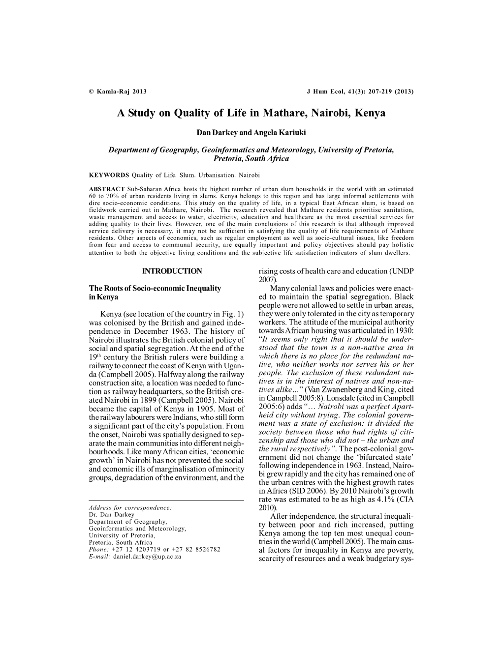 A Study on Quality of Life in Mathare, Nairobi, Kenya