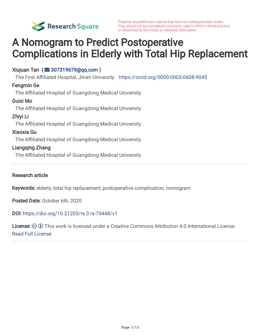 A Nomogram to Predict Postoperative Complications in Elderly with Total Hip Replacement