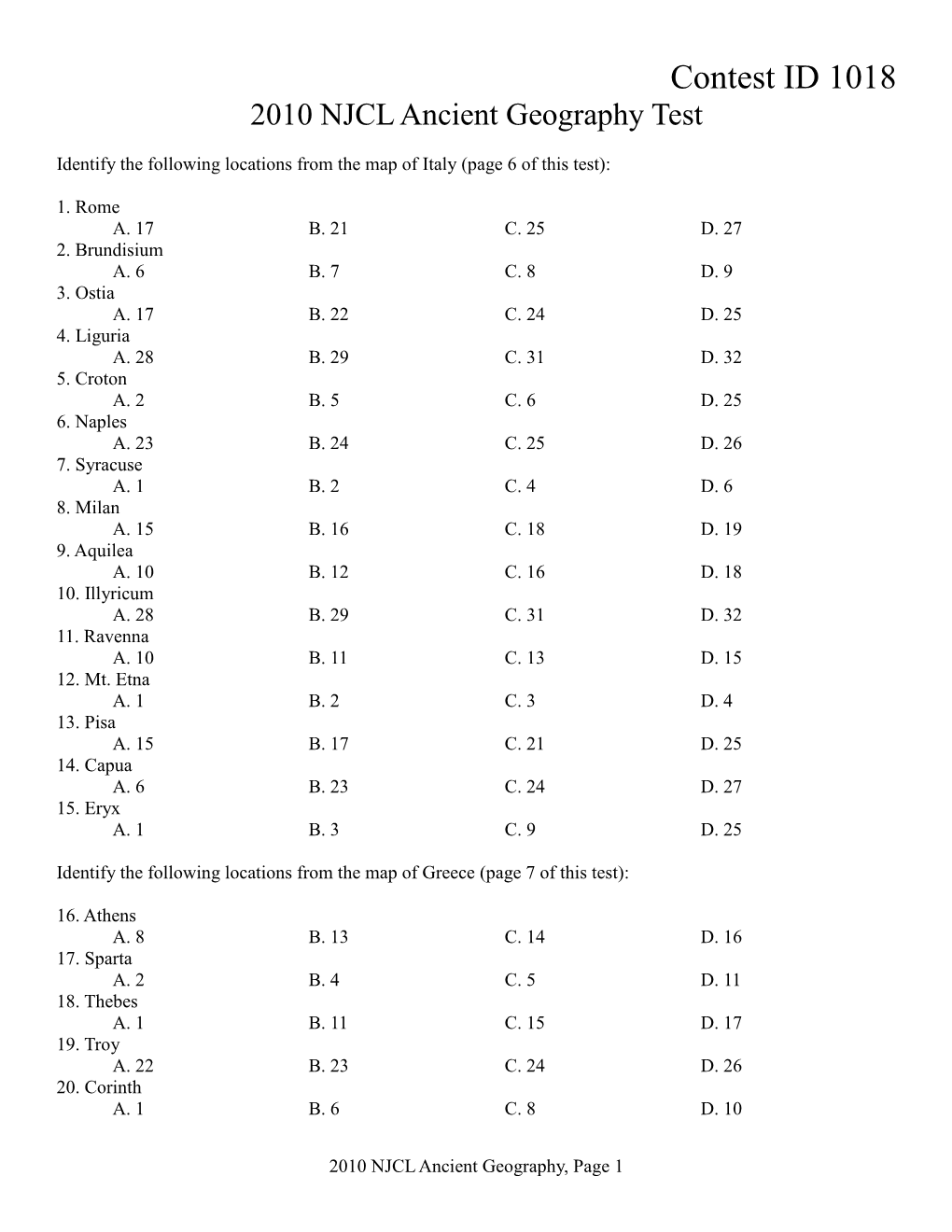 2010 NJCL Ancient Geography Test