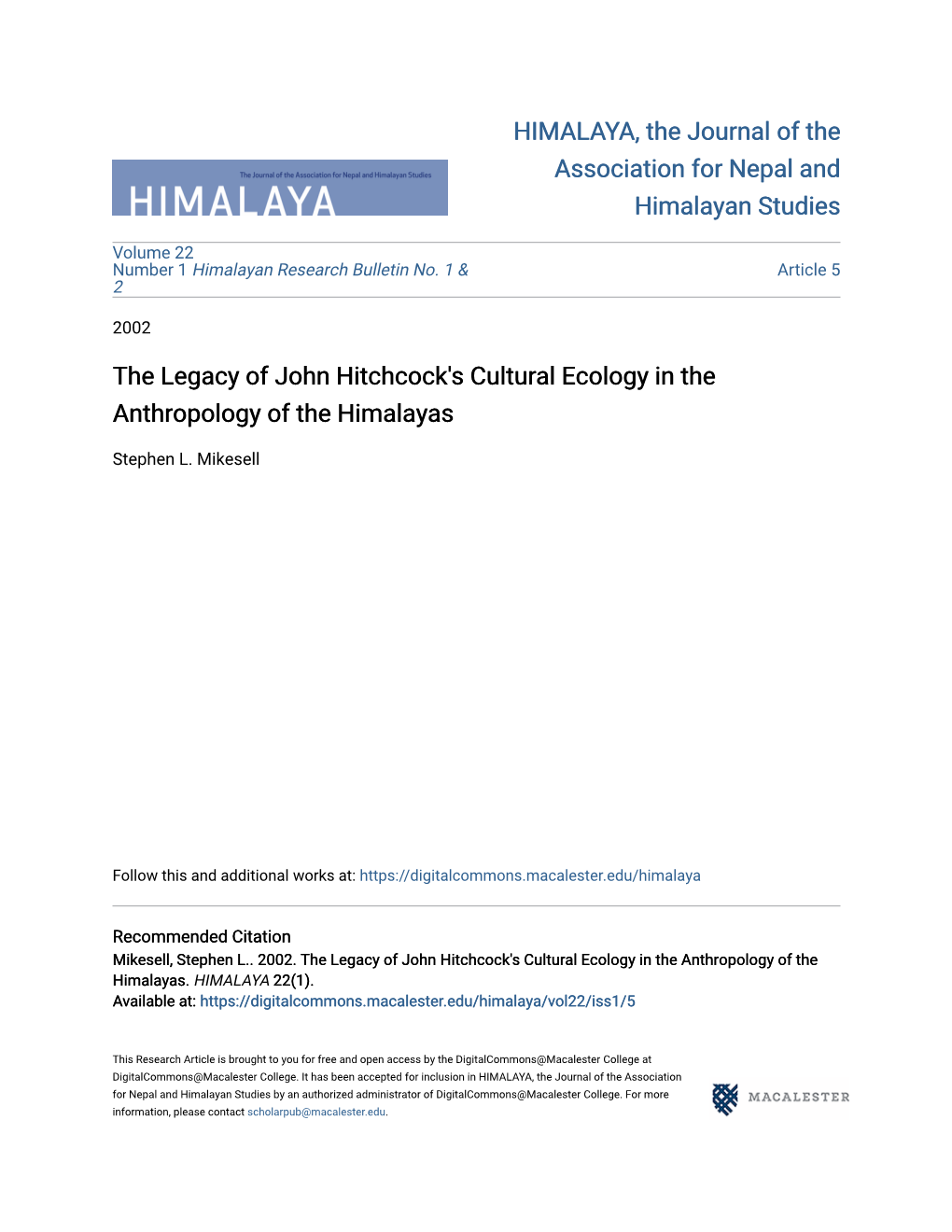 The Legacy of John Hitchcock's Cultural Ecology in the Anthropology of the Himalayas