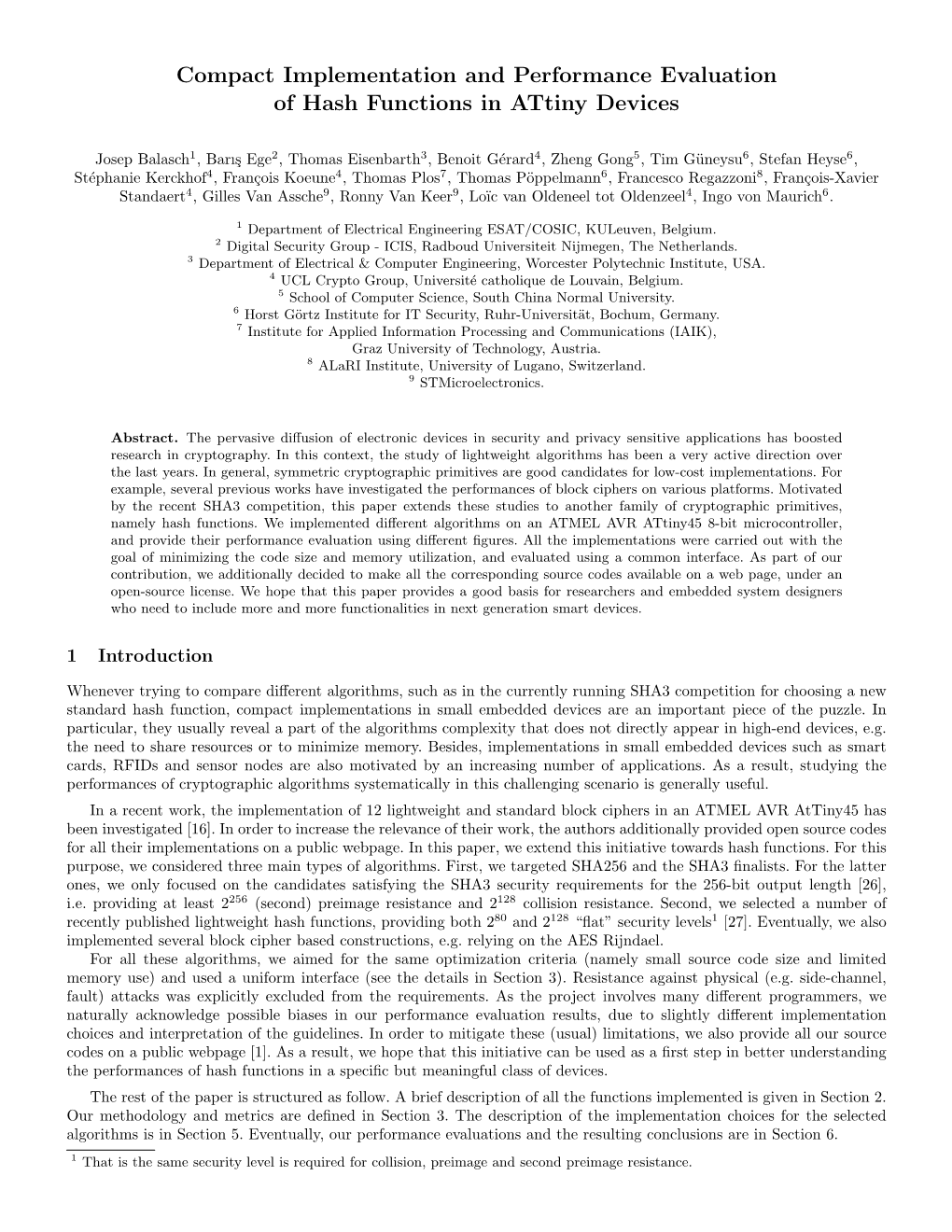 Compact Implementation and Performance Evaluation of Hash Functions in Attiny Devices