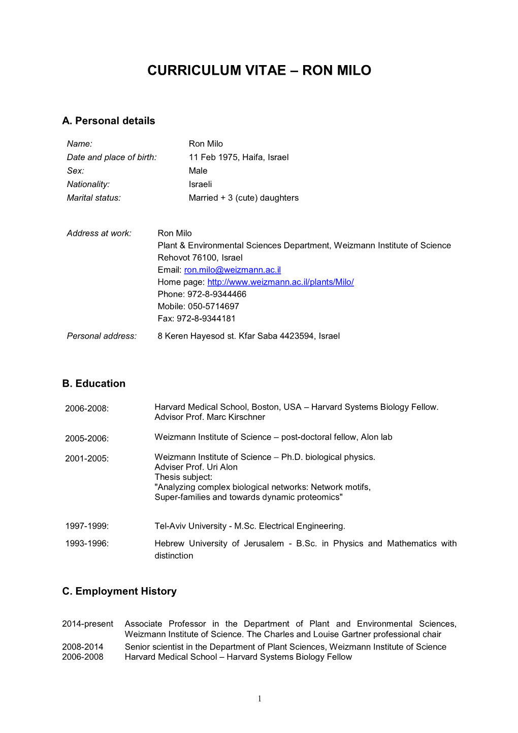 Curriculum Vitae – Ron Milo