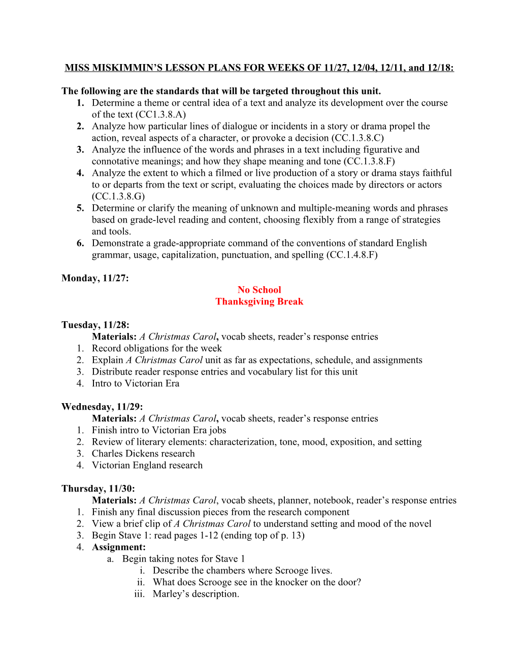 MISS MISKIMMIN S LESSON PLANS for WEEKS of 12/02, 12/08, 12/15, and 12/22