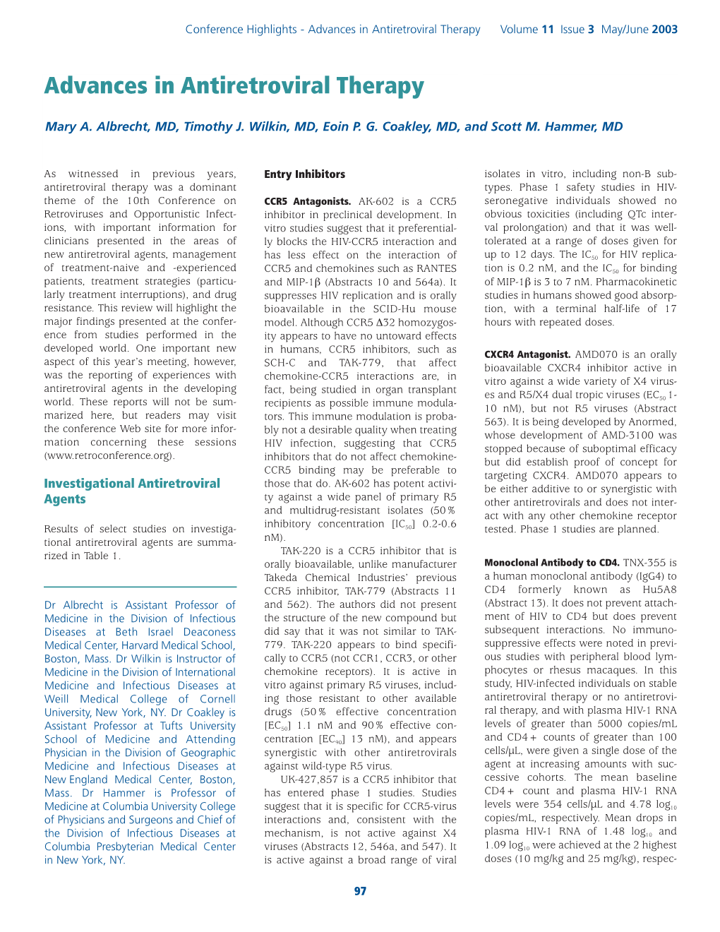 Advances in Antiretroviral Therapy Volume 11 Issue 3 May/June 2003