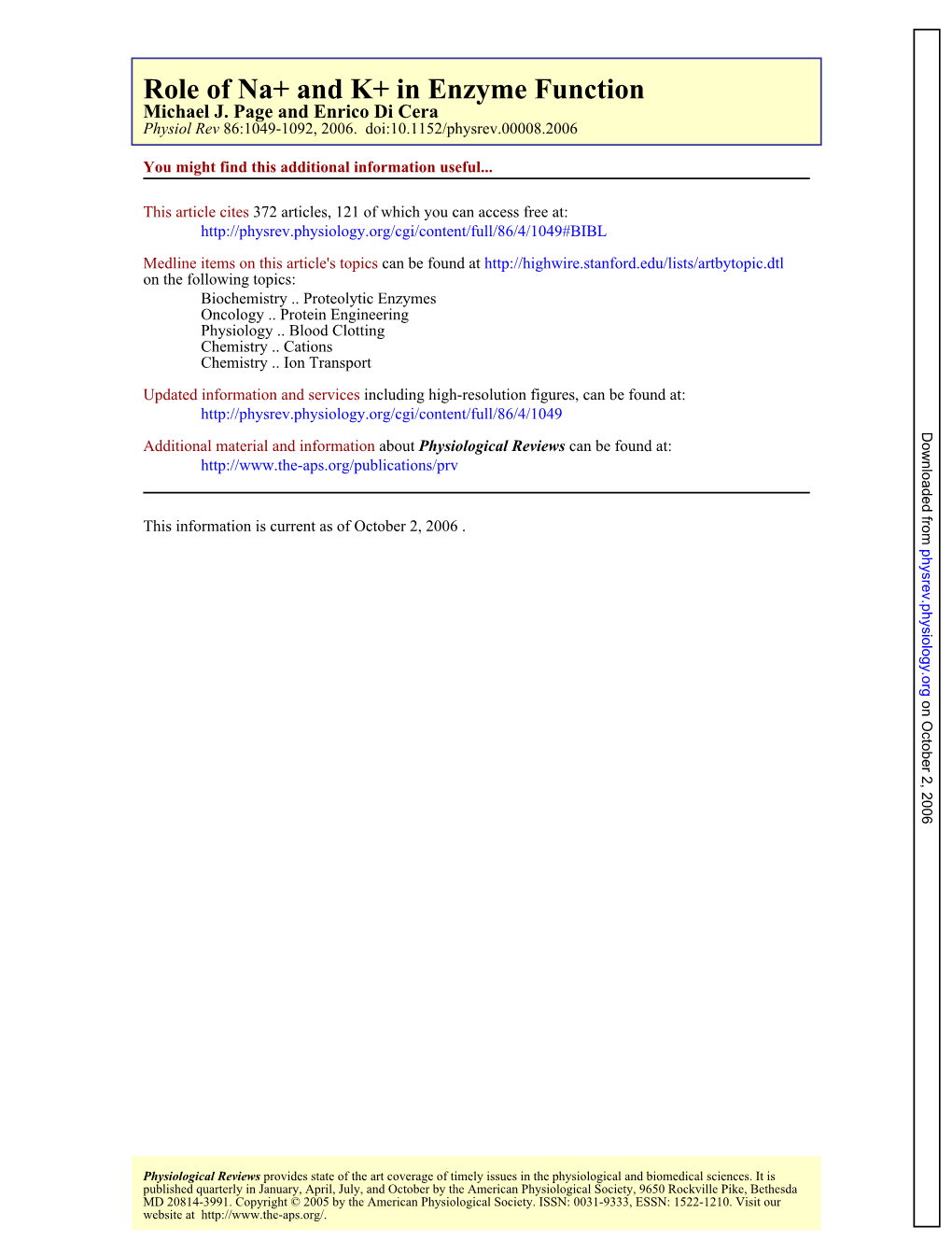 In Enzyme Function + and K + Role of Na