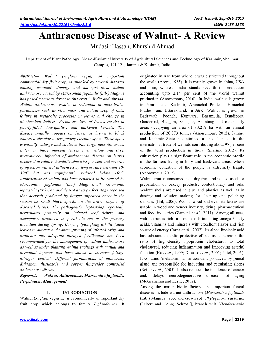 Anthracnose Disease of Walnut- a Review Mudasir Hassan, Khurshid Ahmad