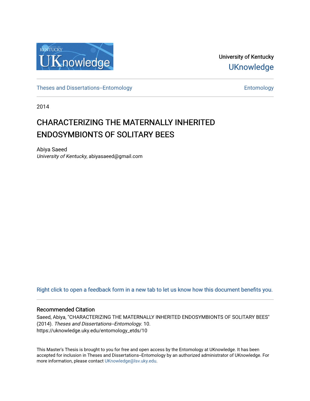 Characterizing the Maternally Inherited Endosymbionts of Solitary Bees