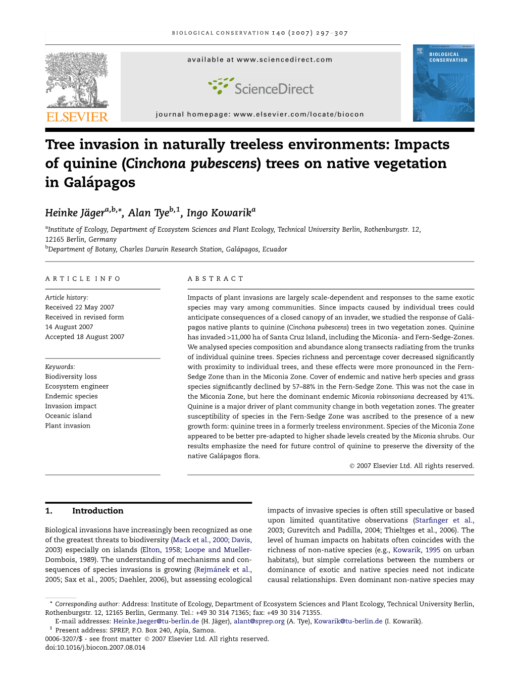 Impacts of Quinine (Cinchona Pubescens) Trees on Native Vegetation in Gala´Pagos