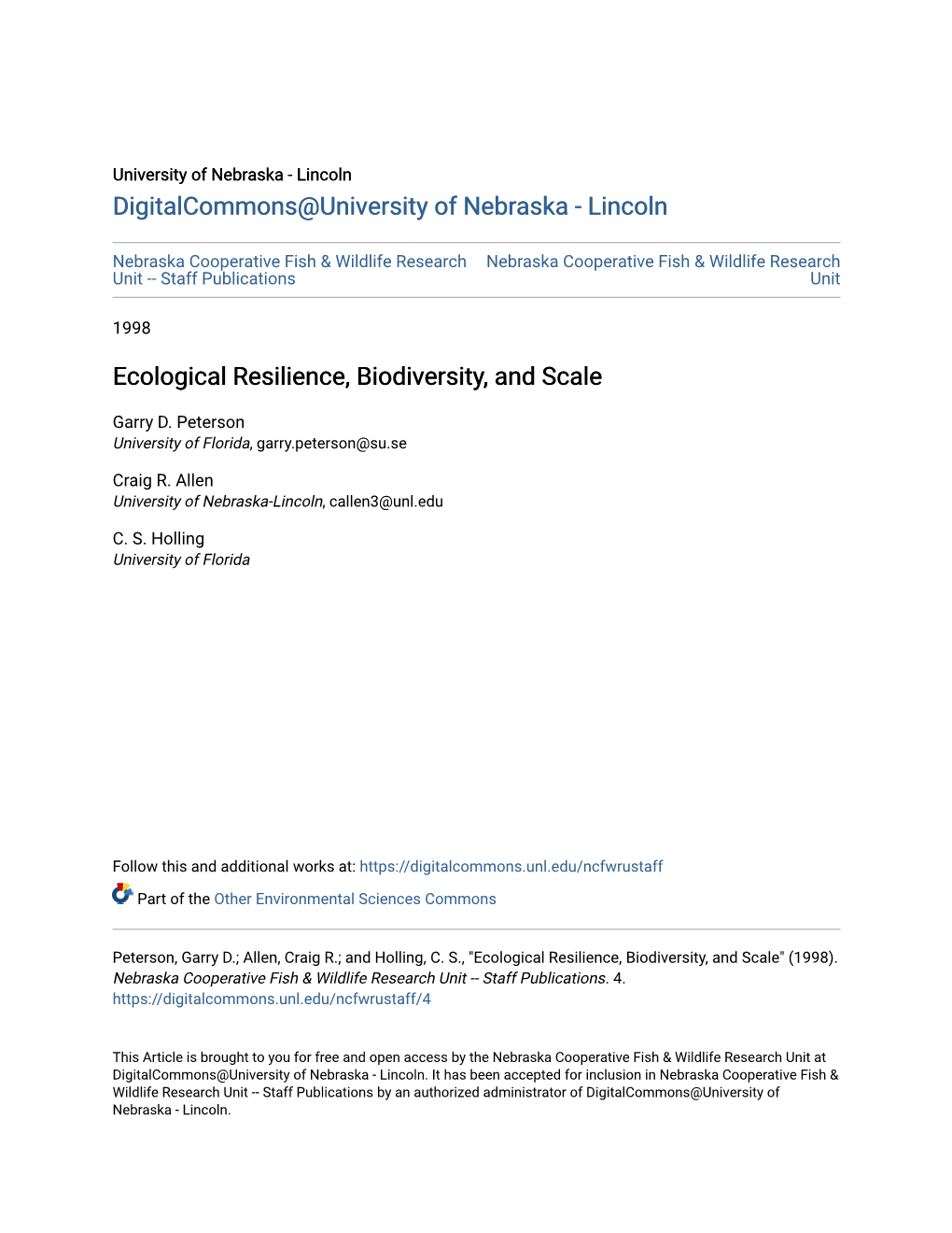 Ecological Resilience, Biodiversity, and Scale