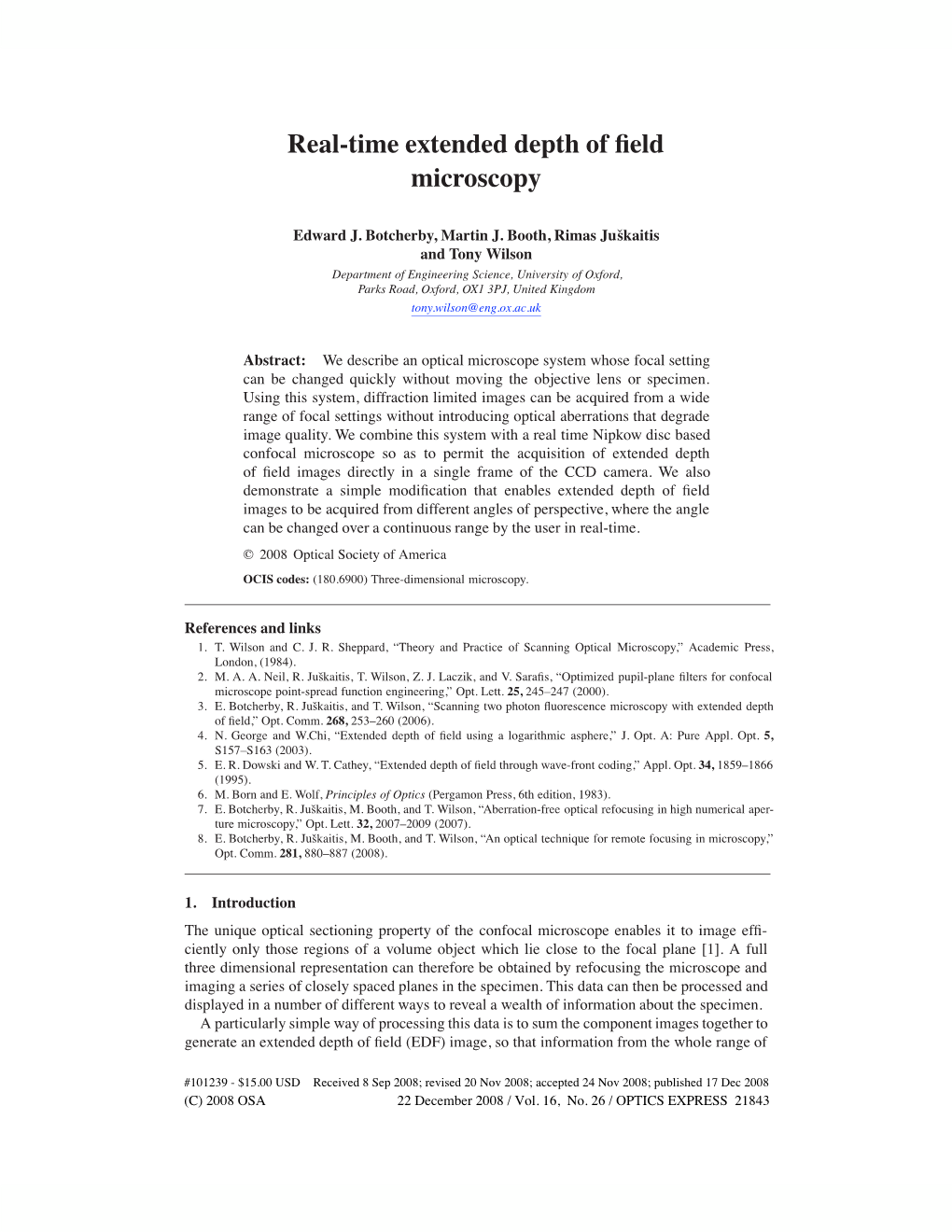 Real-Time Extended Depth of Field Microscopy