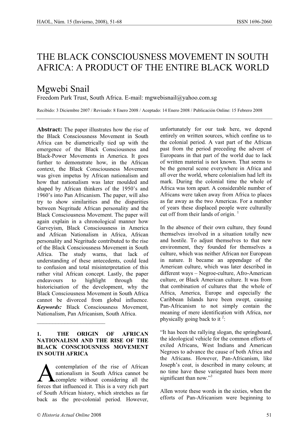 The Black Consciousness Movement in South Africa: a Product of the Entire Black World