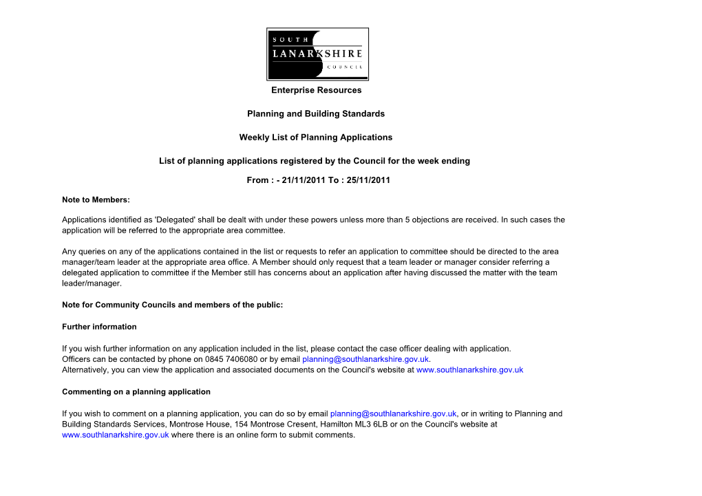 25/11/2011 Enterprise Resources Planning and Building Standards Weekly List of Planning Applications Li