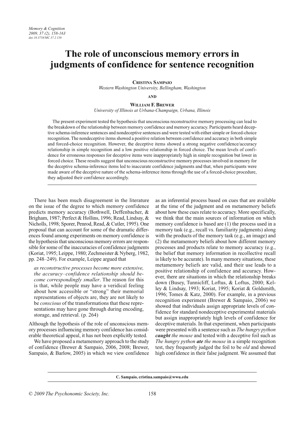 The Role of Unconscious Memory Errors in Judgments of Confidence for Sentence Recognition