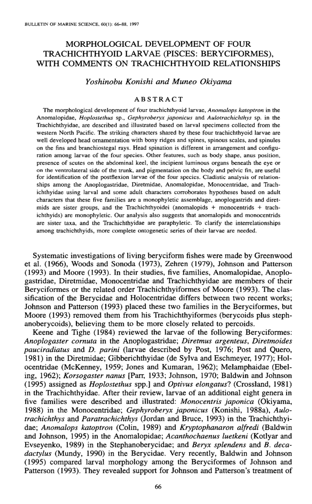 Morphological Development of Four Trachichthyoid Larvae (Pisces: Beryciformes), with Comments on Trachichthyoid Relationships