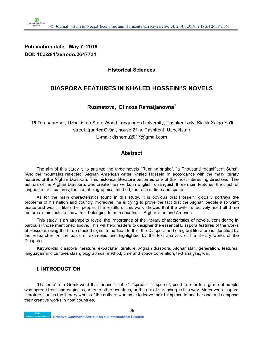 Diaspora Features in Khaled Hosseini's Novels