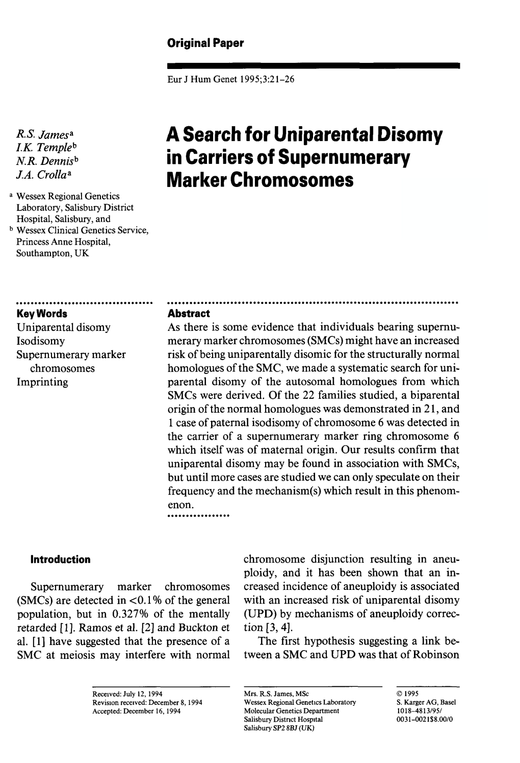 A Search for Uniparental Disomy in Carriers of Supernumerary Marker