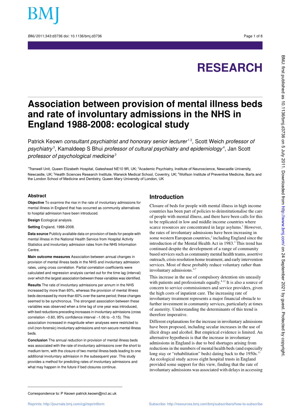Association Between Provision of Mental Illness Beds and Rate of Involuntary Admissions in the NHS in England 1988-2008: Ecological Study