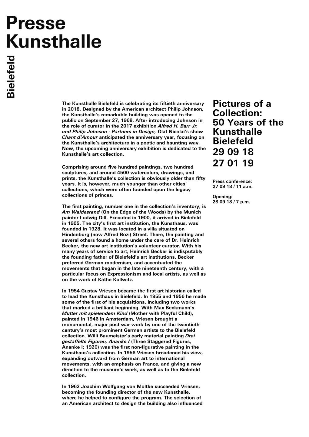 50 Years of the Kunsthalle Bielefeld 29 09 18 27 01 19