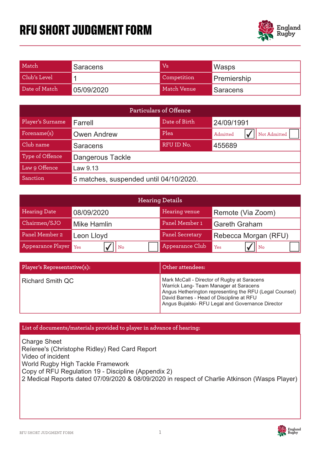 Rfu Short Judgment Form