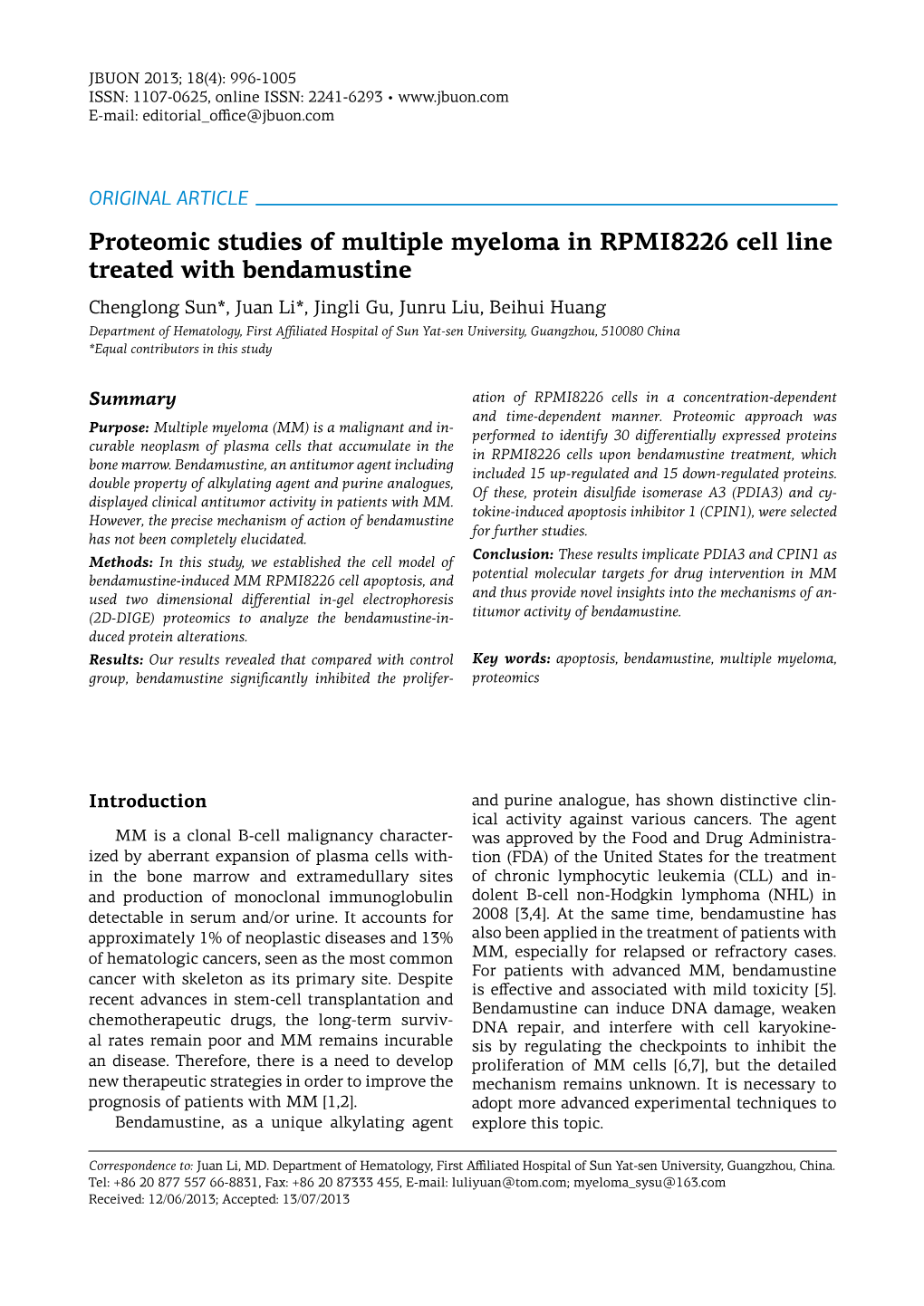 Proteomic Studies of Multiple Myeloma in RPMI8226 Cell Line Treated with Bendamustine