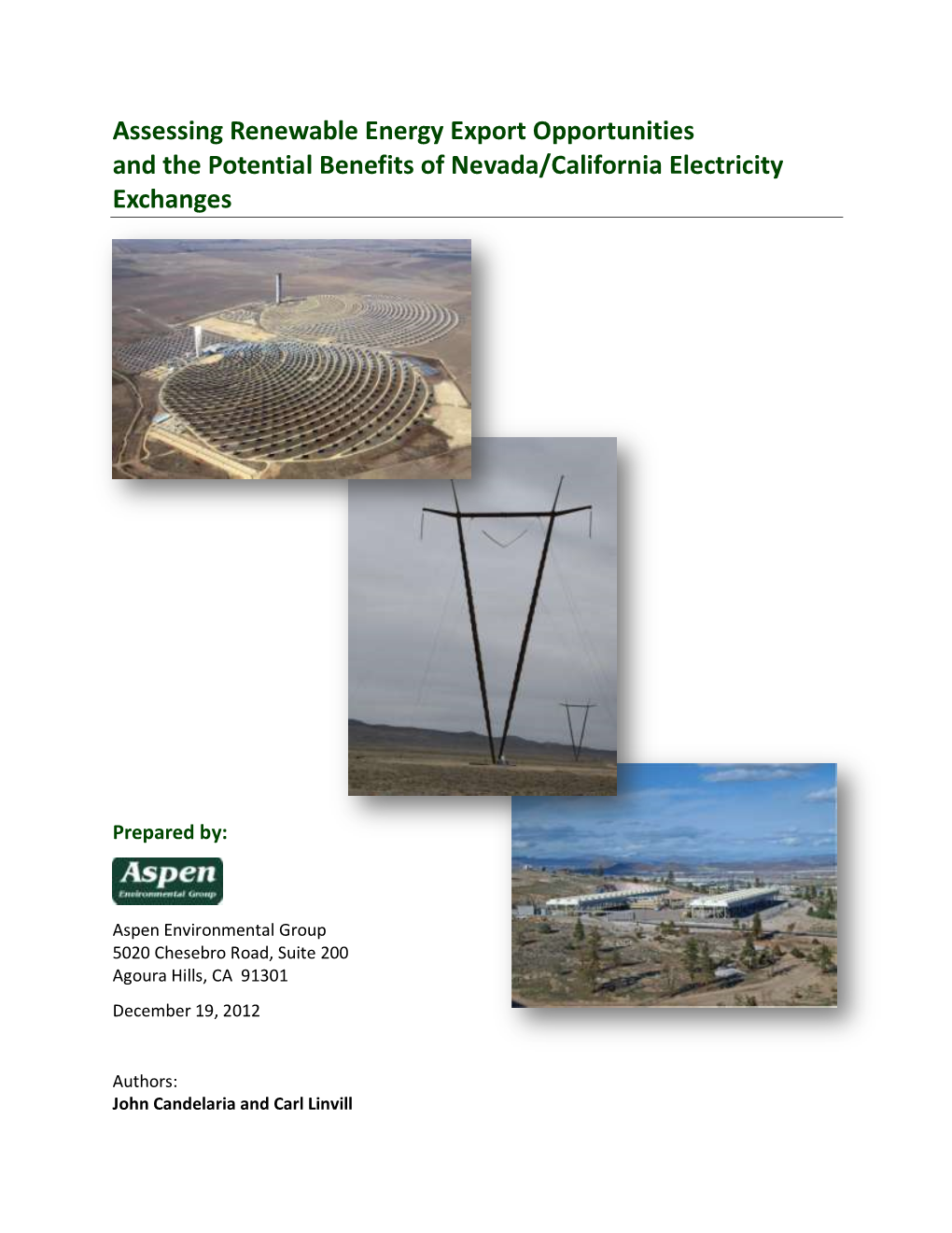 Assessing Renewable Energy Export Opportunities and the Potential Benefits of Nevada/California Electricity Exchanges