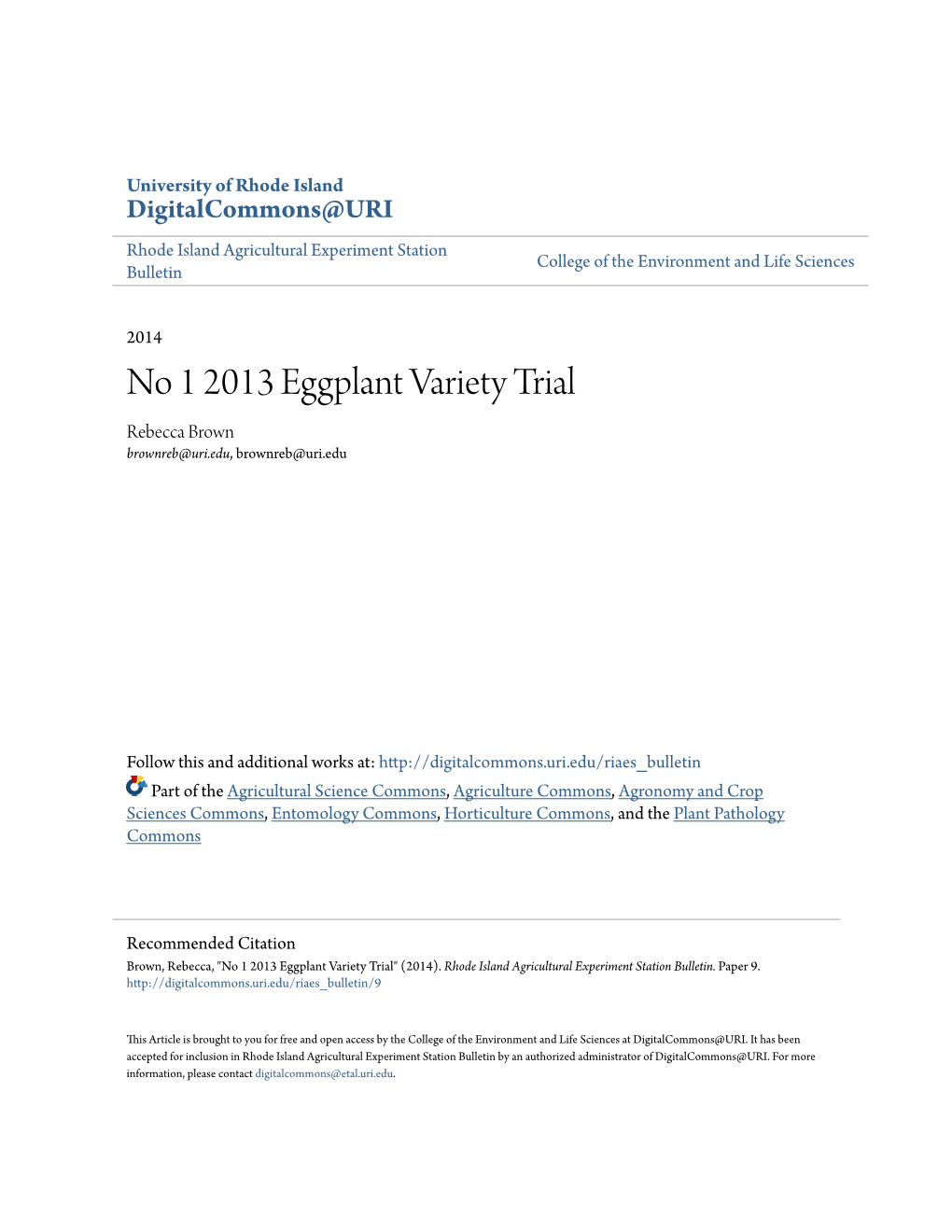 No 1 2013 Eggplant Variety Trial Rebecca Brown Brownreb@Uri.Edu, Brownreb@Uri.Edu