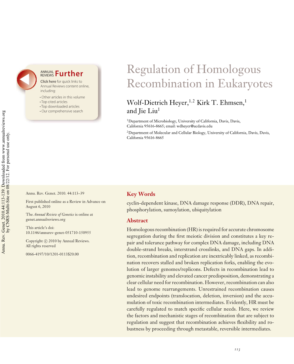 Regulation of Homologous Recombination in Eukaryotes