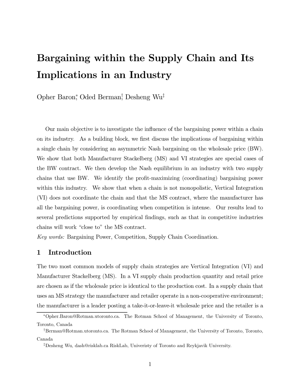 Bargaining Within the Supply Chain and Its Implications in an Industry
