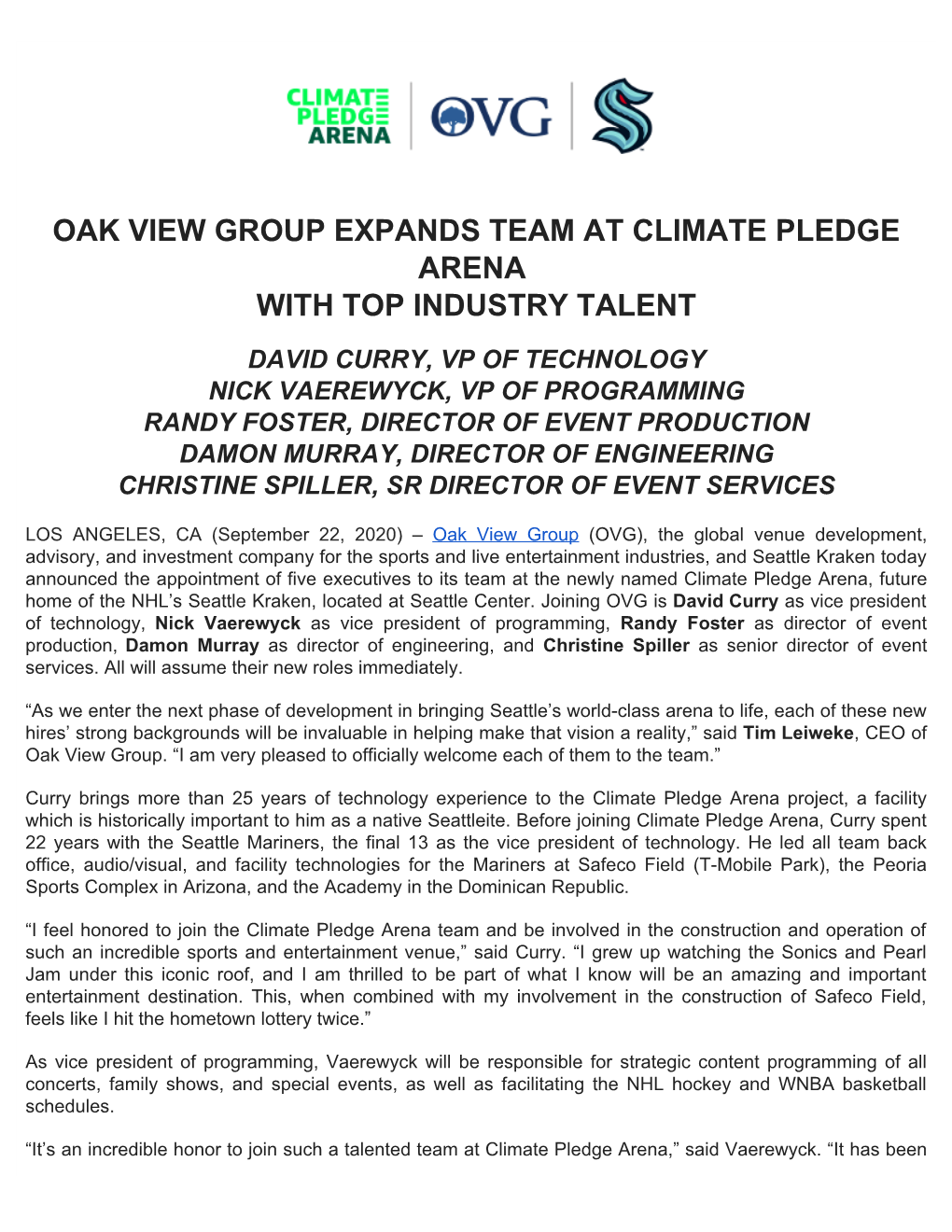 Oak View Group Expands Team at Seattle's Climate Pledge Arena