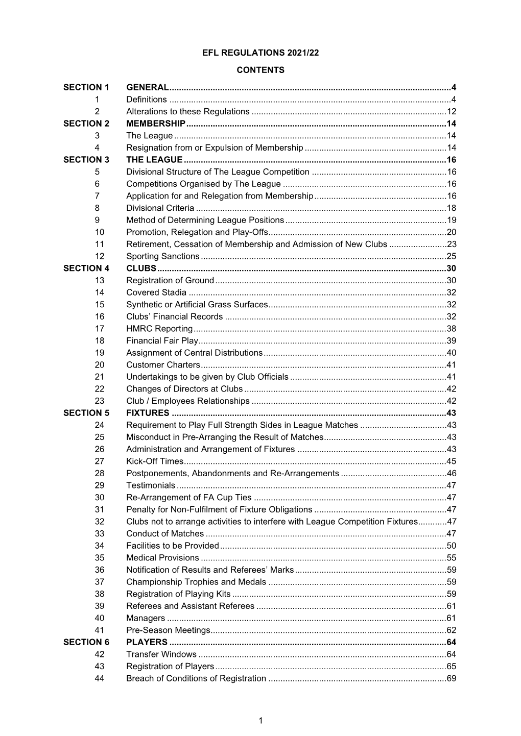 1 Efl Regulations 2021/22 Contents Section 1 General