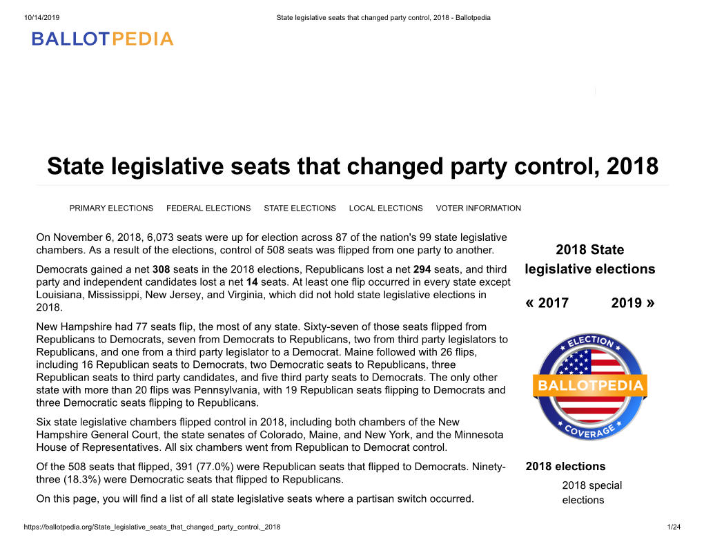 State Legislative Seats That Changed Party Control, 2018 - Ballotpedia