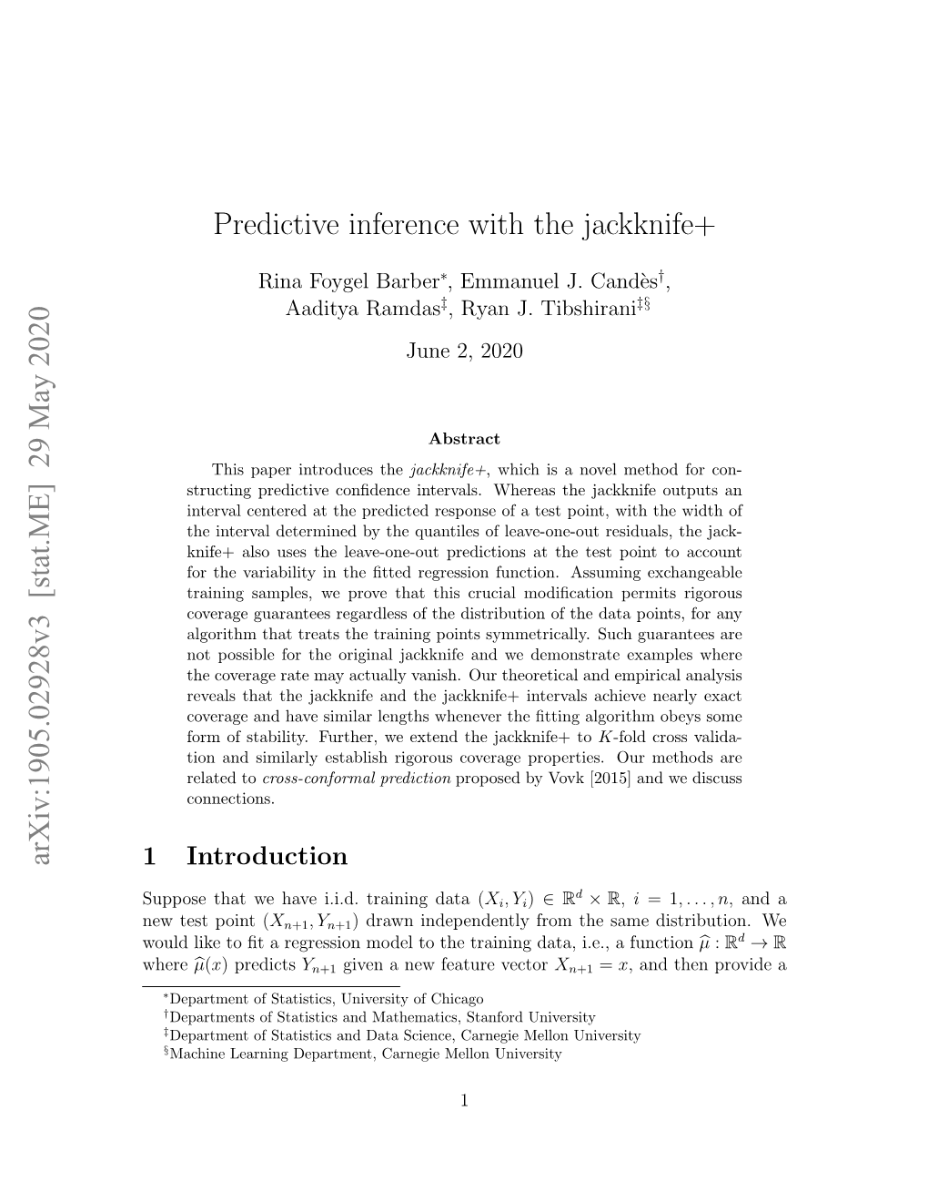 Predictive Inference with the Jackknife+ Arxiv:1905.02928V3