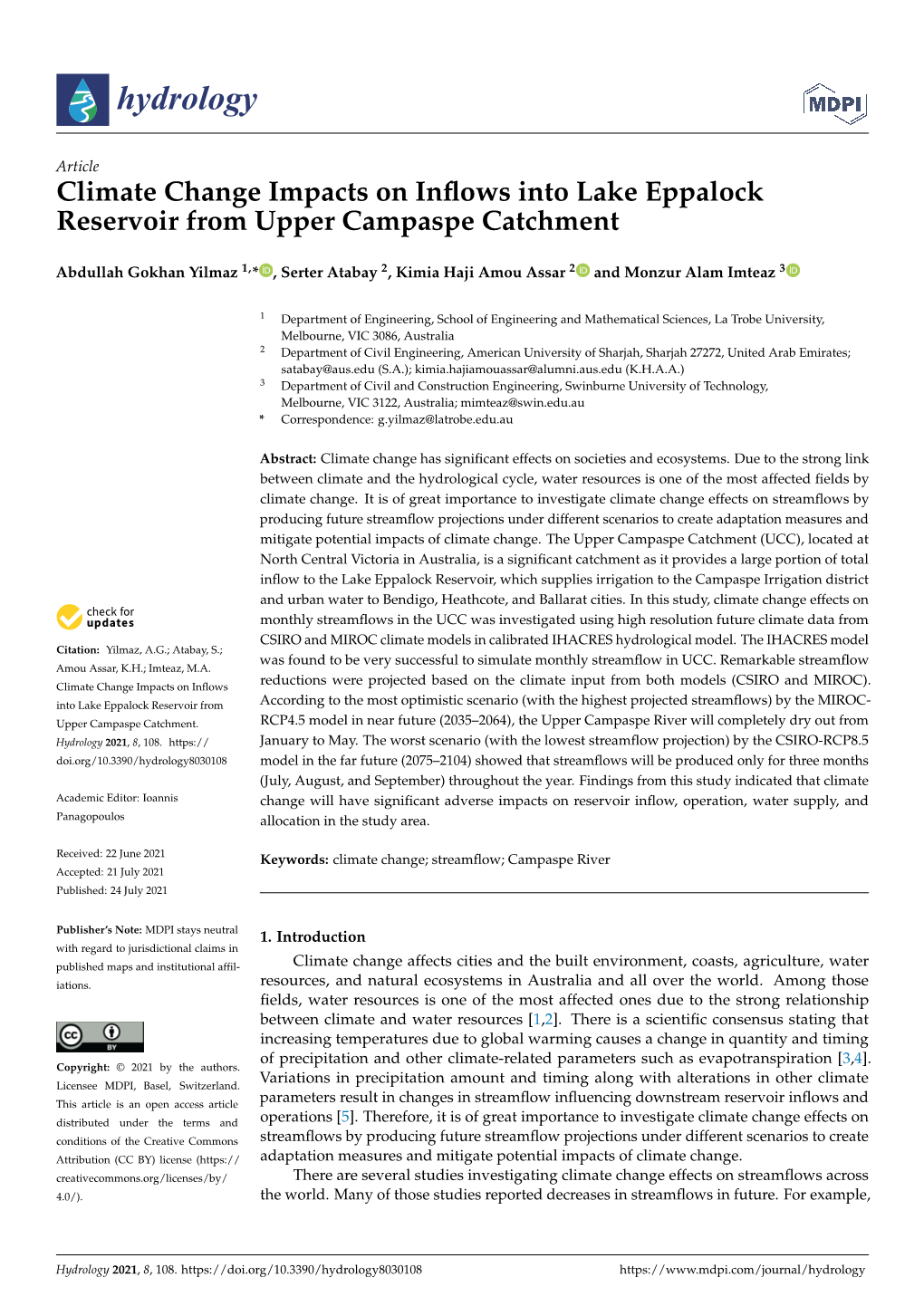 Climate Change Impacts on Inflows Into Lake Eppalock Reservoir from Upper Campaspe Catchment