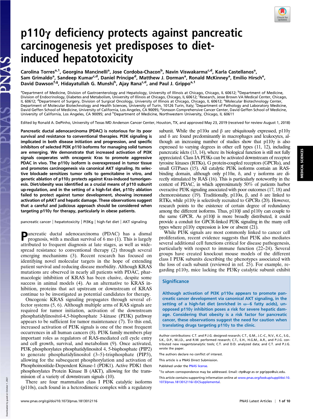 P110γ Deficiency Protects Against Pancreatic Carcinogenesis Yet Predisposes to Diet-Induced Hepatotoxicity