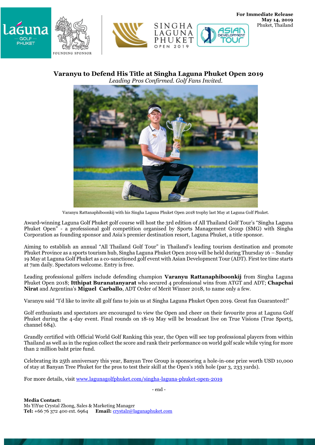 Varanyu to Defend His Title at Singha Laguna Phuket Open 2019 Leading Pros Confirmed