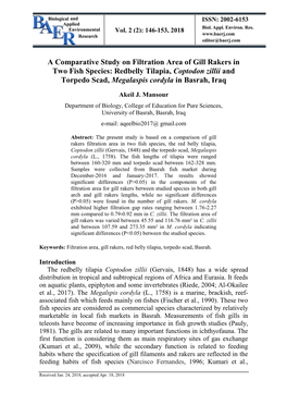 A Comparative Study on Filtration Area of Gill Rakers in Two Fish Species: Redbelly Tilapia, Coptodon Zillii and Torpedo Scad, Megalaspis Cordyla in Basrah, Iraq