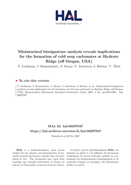 Miniaturized Biosignature Analysis Reveals Implications for the Formation of Cold Seep Carbonates at Hydrate Ridge (Off Oregon, USA) T