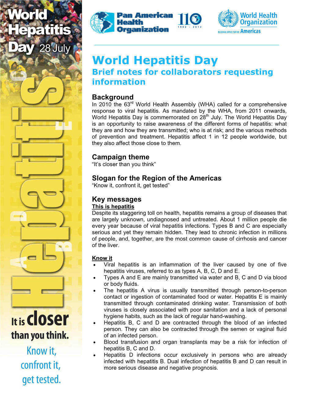 World Hepatitis Day Brief Notes for Collaborators Requesting Information