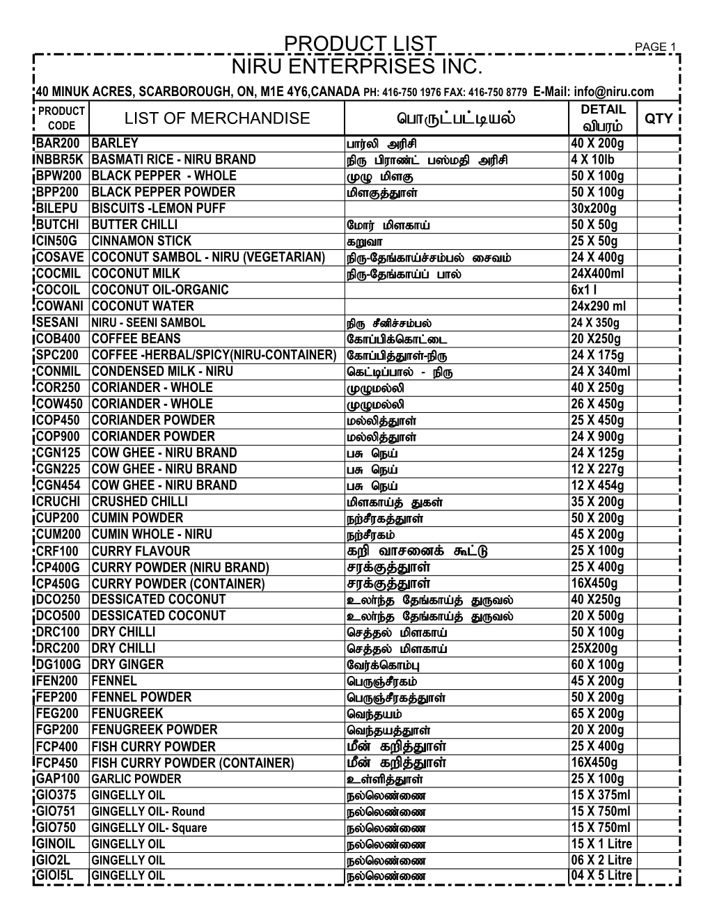 Niru Enterprises Inc. Product List