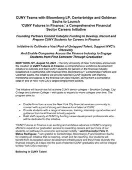 CUNY Teams with Bloomberg LP, Centerbridge and Goldman Sachs to Launch ‘CUNY Futures in Finance,’ a Comprehensive Financial Sector Careers Initiative
