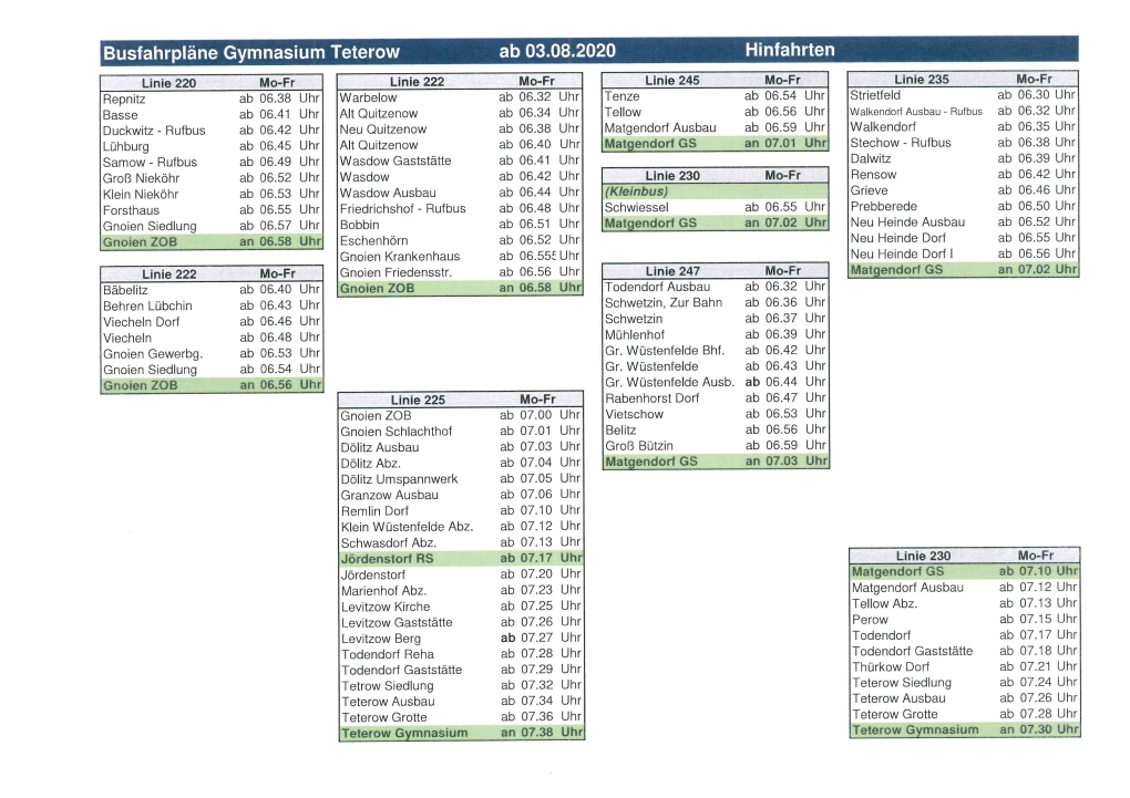 Busfahrpläne Gymnasium Teterow