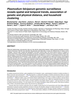 Plasmodium Falciparum Genomic Surveillance Reveals Spatial and Temporal Trends, Association of Genetic and Physical Distance, and Household Clustering