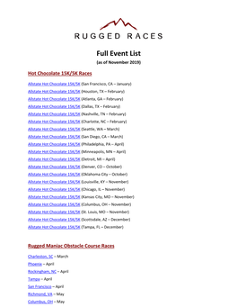Full Event List (As of November 2019) Hot Chocolate 15K/5K Races