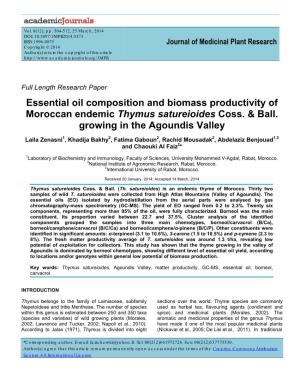 Essential Oil Composition and Biomass Productivity of Moroccan Endemic Thymus Satureioides Coss