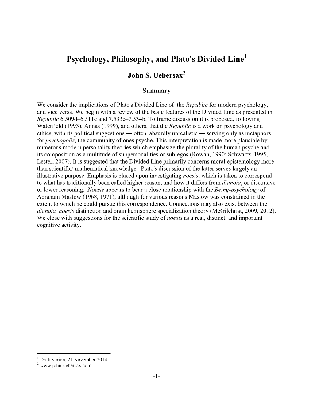 Psychology, Philosophy, and Plato's Divided Line1