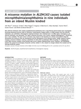 A Missense Mutation in ALDH1A3 Causes Isolated Microphthalmia/Anophthalmia in Nine Individuals from an Inbred Muslim Kindred