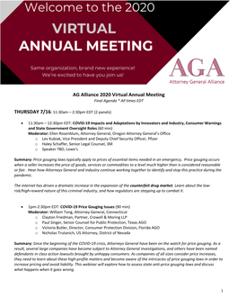 AG Alliance 2020 Virtual Annual Meeting Final Agenda * All Times EDT