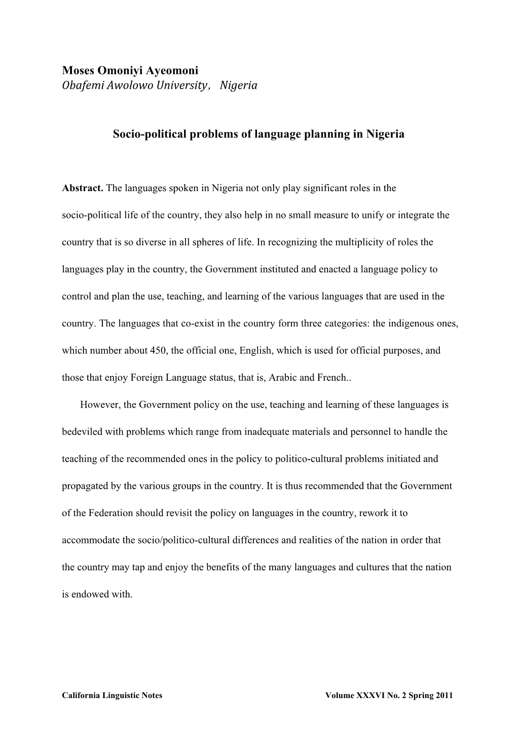Socio-Political Problems of Language Planning in Nigeria
