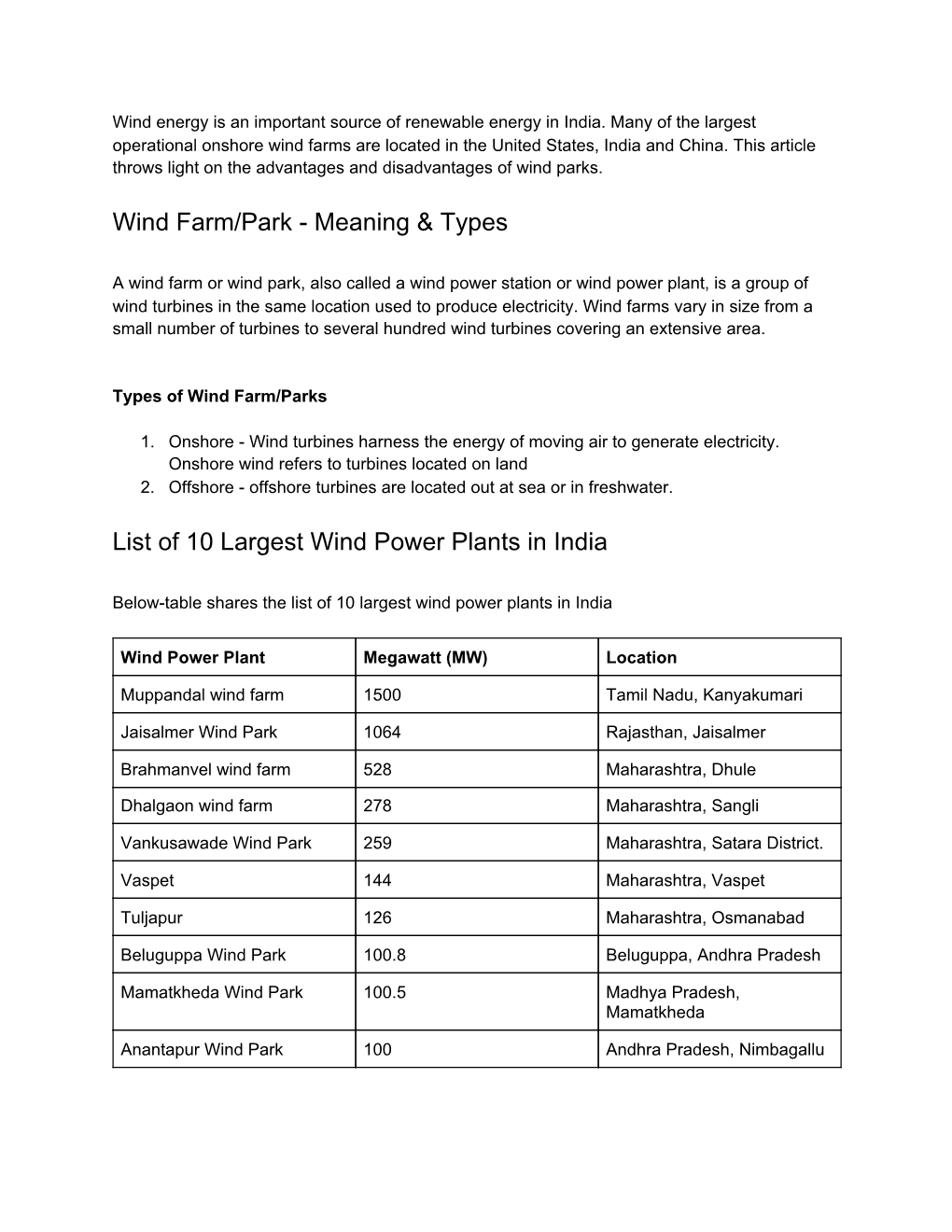 Wind Farm/Park - Meaning & Types