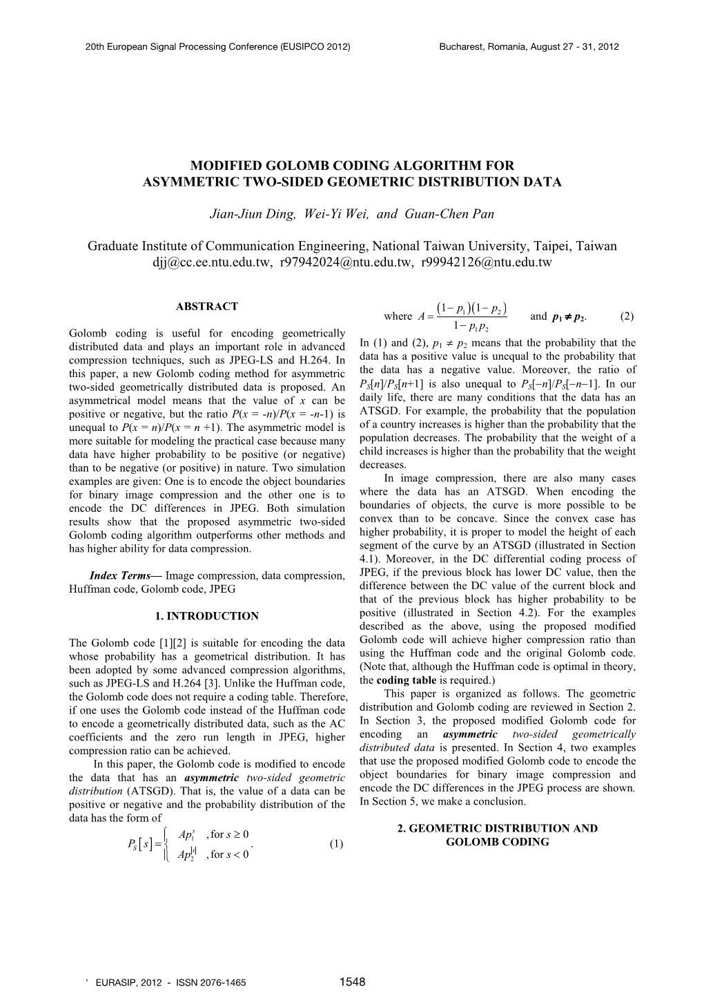 Modified Golomb Coding Algorithm for Asymmetric Two-Sided Geometric Distribution Data